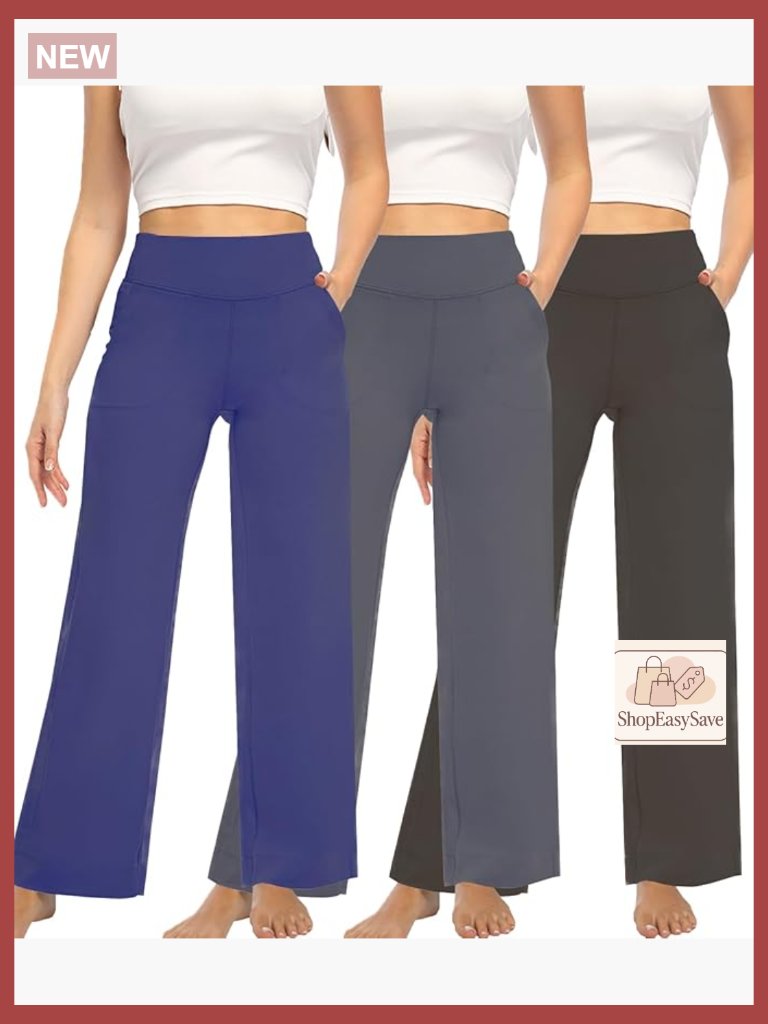High Waist Wide Leg Yoga Pants With Pockets - 3 Pack Solid Elastic Lounge Pants